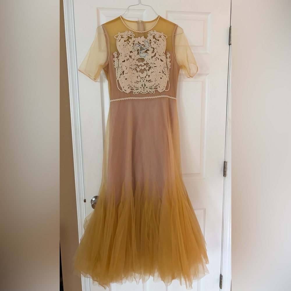 Chic Braided Tulle Midi Dress in Golden Yellow and Nude (“Despoina”)
